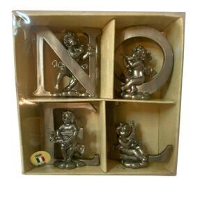 Bronze Colored Resin Cherub NOEL Figurine Set Handcrafted In Italy